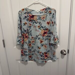 Hailey&Co Women's Bright Blue Floral Blouse Ruffle Sleeve Size Medium
